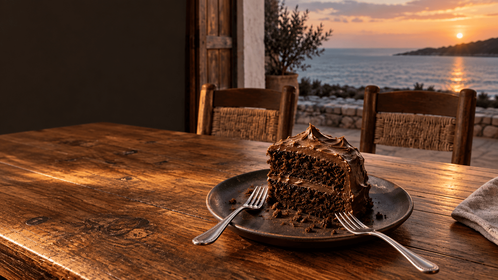 A shared slice of chocolate cake with two forks on a walnut table.