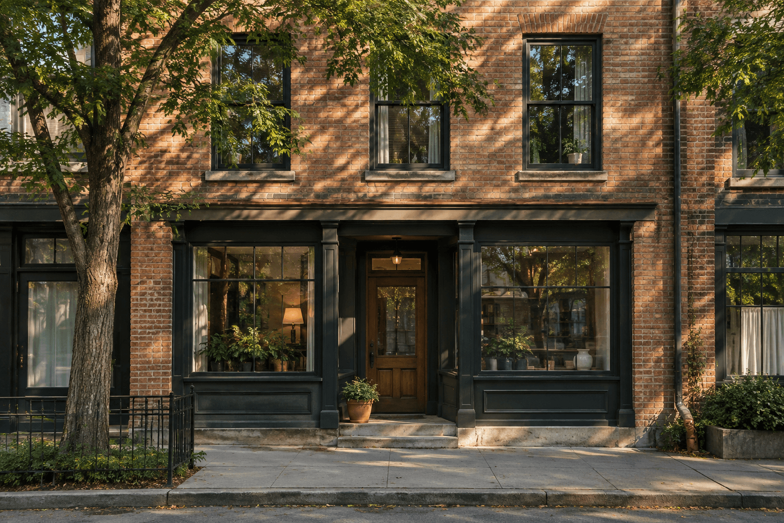 A modest brick neighborhood building with dark timber storefronts, residential windows above and leafy tree shadows.