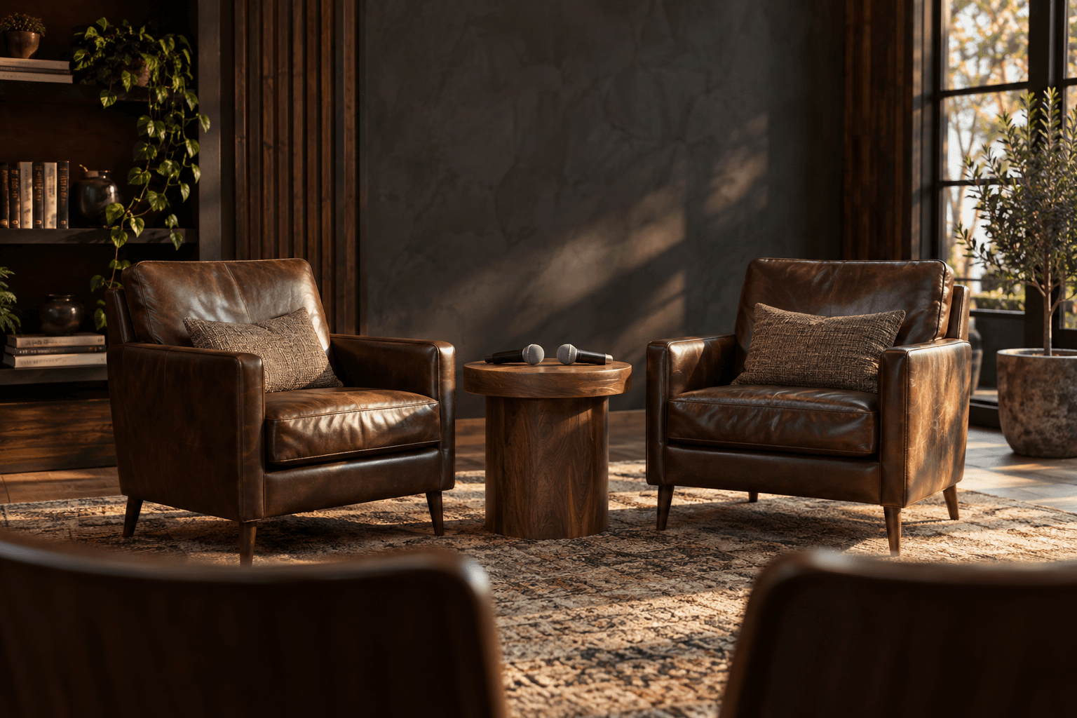 Two empty leather chairs and a walnut table with microphones in an intimate room, ready for a conversation.